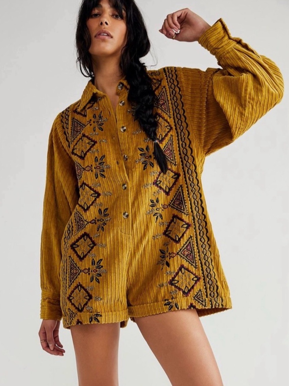 Free People UPCYCLED Corduroy Dreams Romper - MINI DRESS Gold w/ Embellishment